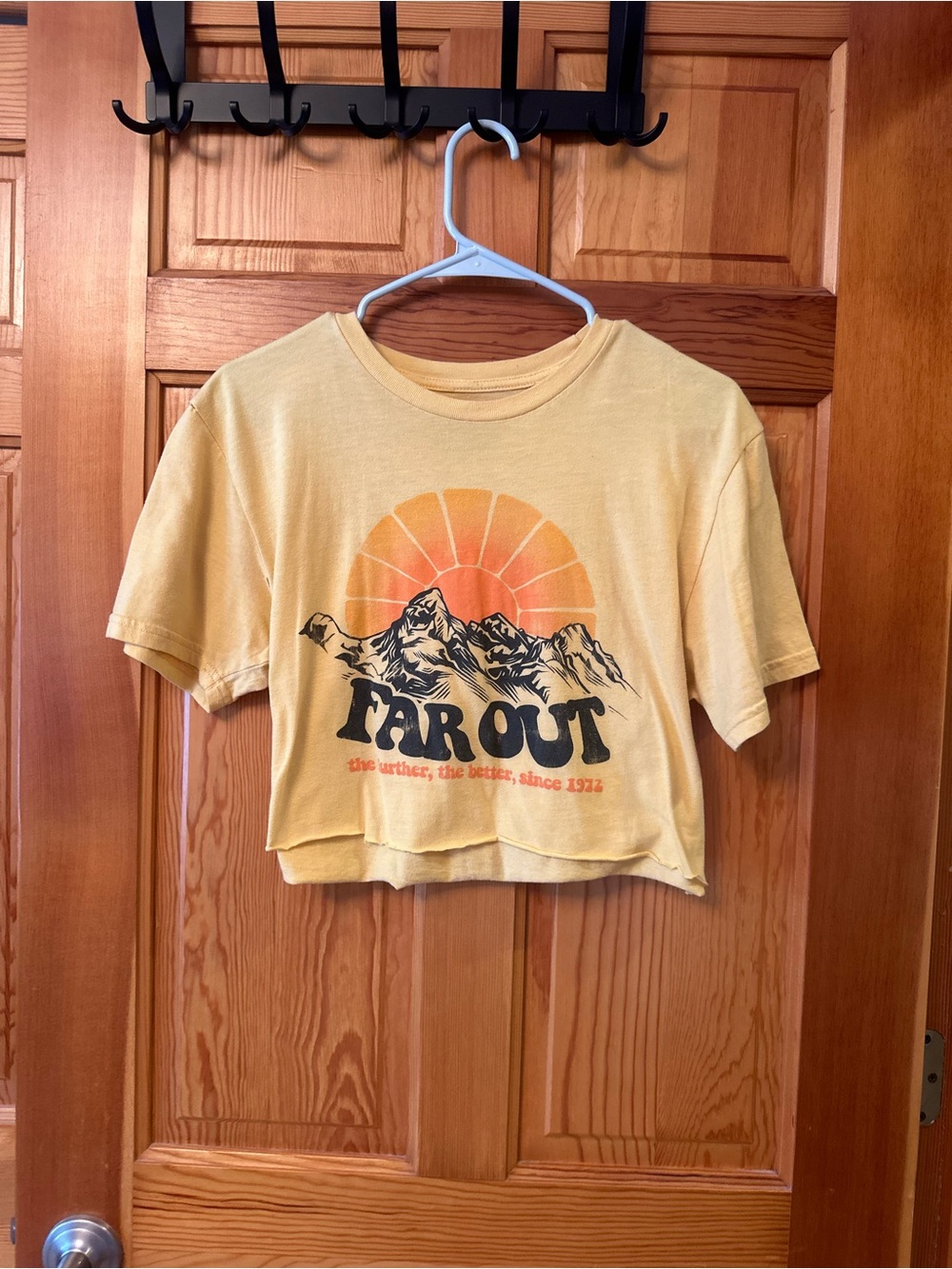 Far Out Mountain Graphic Crop Tee - Yellow with Orange Sun
